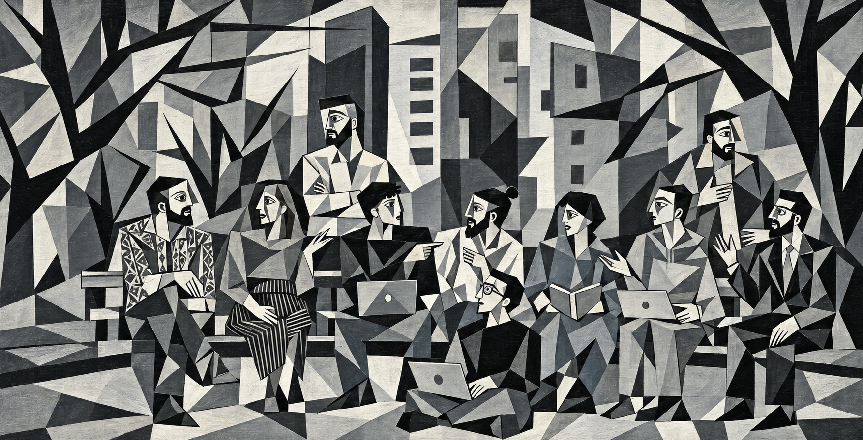 街と木々を背景に、さまざまな背景を持つチームが自然に語り合うイラスト