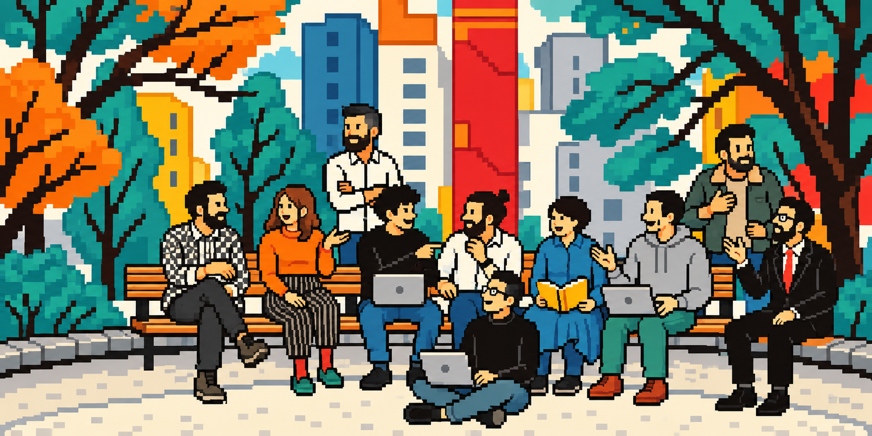 ベンチで語り合い、パソコンや本を広げるチームのドット絵