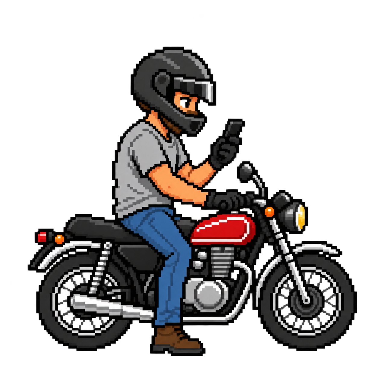 バイクに腰を下ろし、スマートフォンを確認するライダー